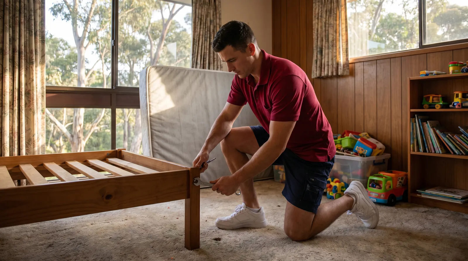A removalist assembling a timber bed frame in a child's bedroom