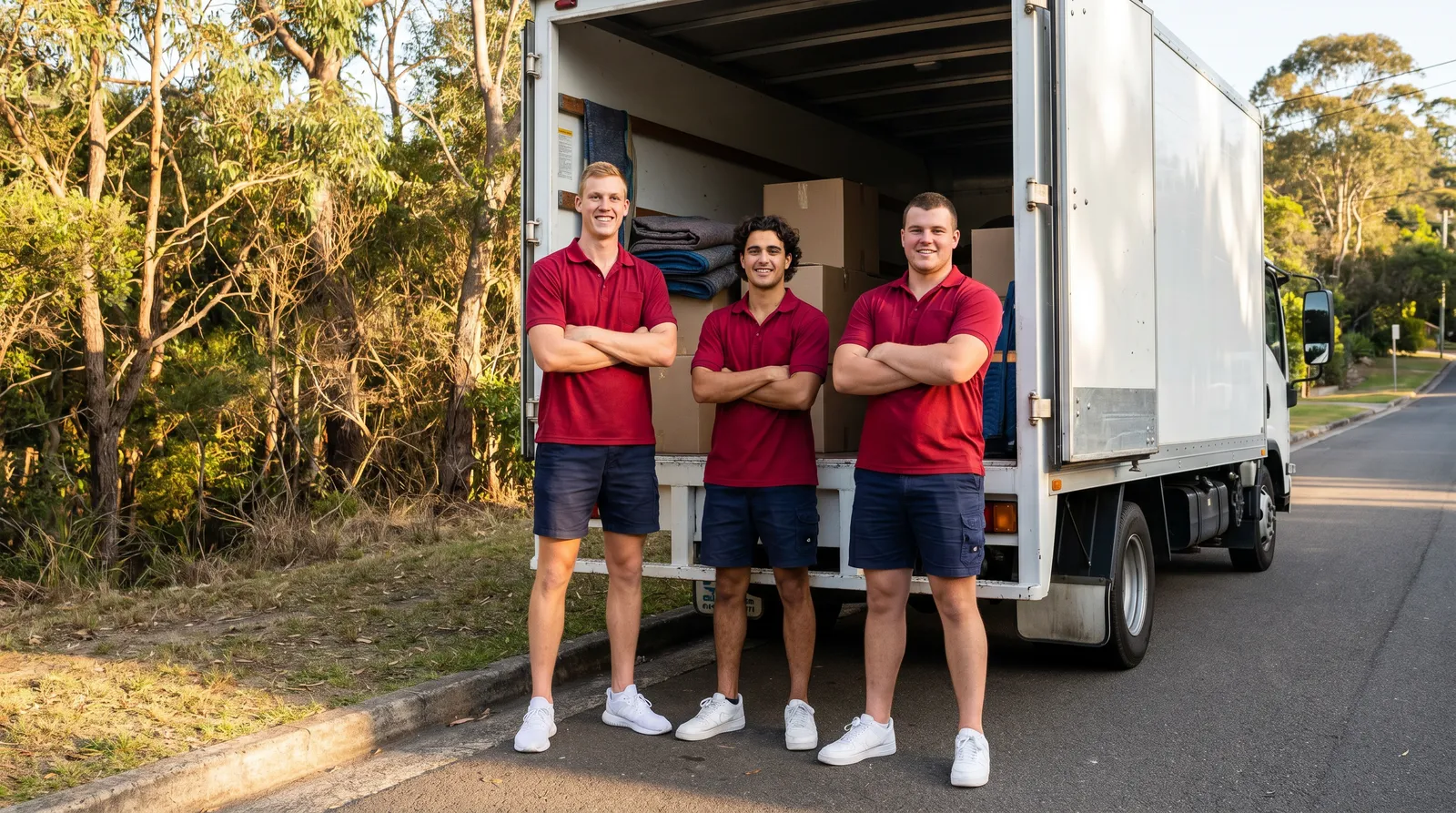Three removalists in crimson polos standing by the open tailgate of a white moving truck on a bush-lined street