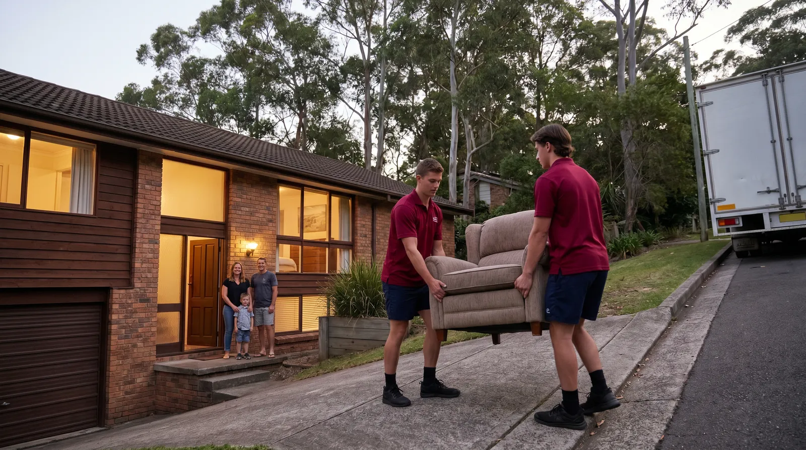 Two removalists in crimson polos carrying an armchair down a steep Davidson driveway at dusk while a family waits at the front door