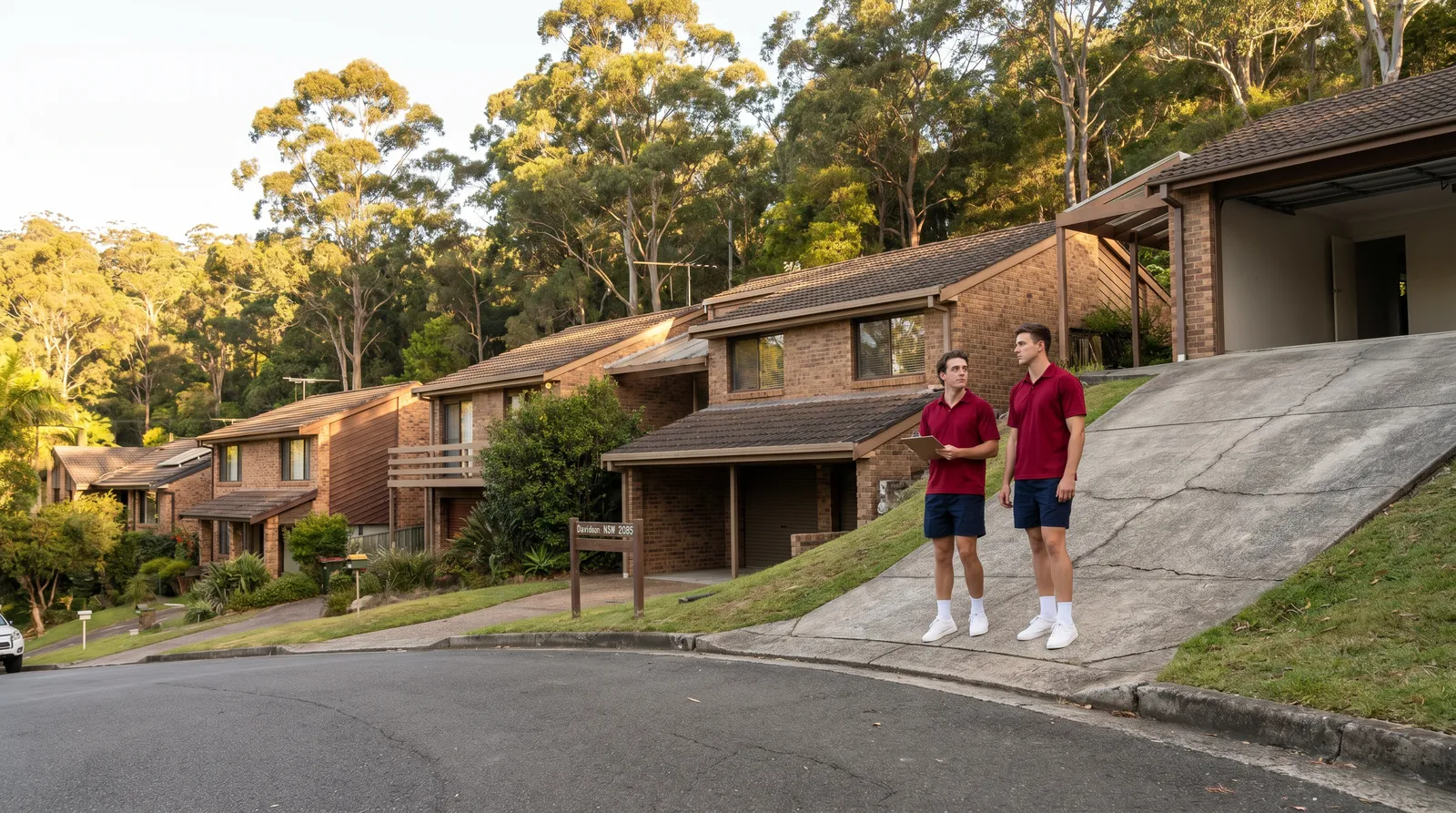 A removalist with a clipboard standing halfway up a steep driveway, looking back down the slope