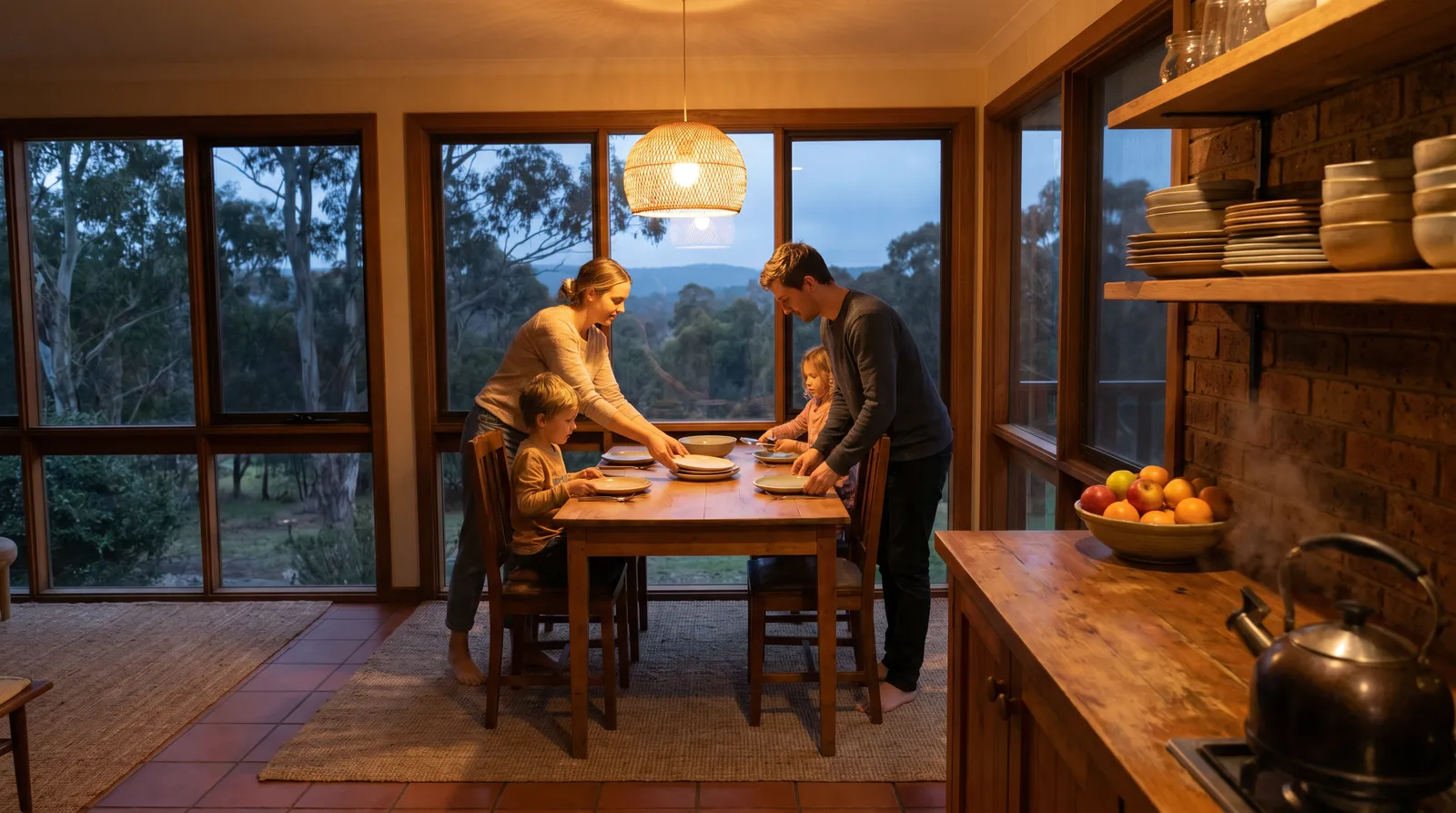 A family setting the table for dinner in a warm, unpacked kitchen at dusk