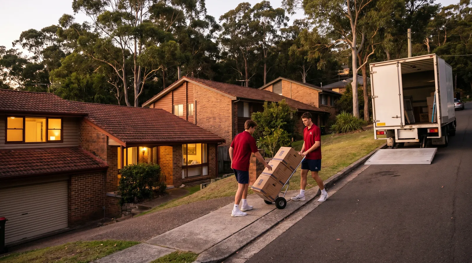 A moving truck staged at the flat top of a steep street at dusk, crew rolling a trolley of boxes down the footpath